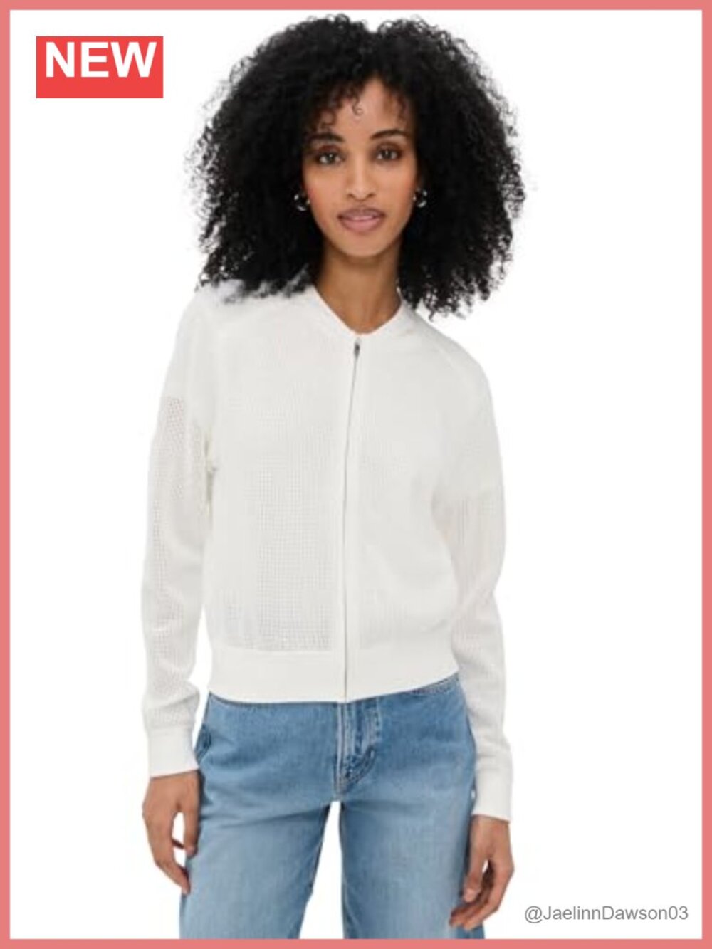 Pointelle Bomber Cardigan Zip-Up Long Sleeve Aviator